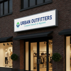 Custom Illuminated Aluminum Cabinet Sign of "Urban Outfitters Curated Goods & Apparel" on a brown brick wall on top of the shop front door.
