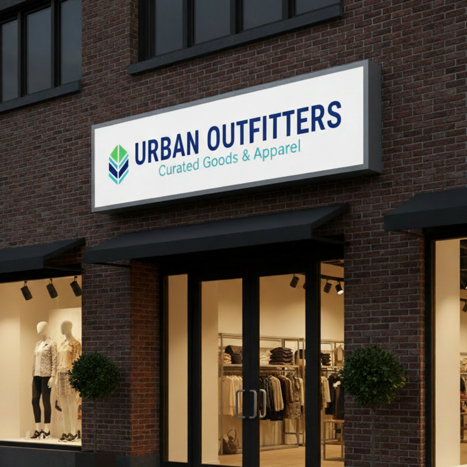 Custom Illuminated Aluminum Cabinet Sign of "Urban Outfitters Curated Goods & Apparel" on a brown brick wall on top of the shop front door.