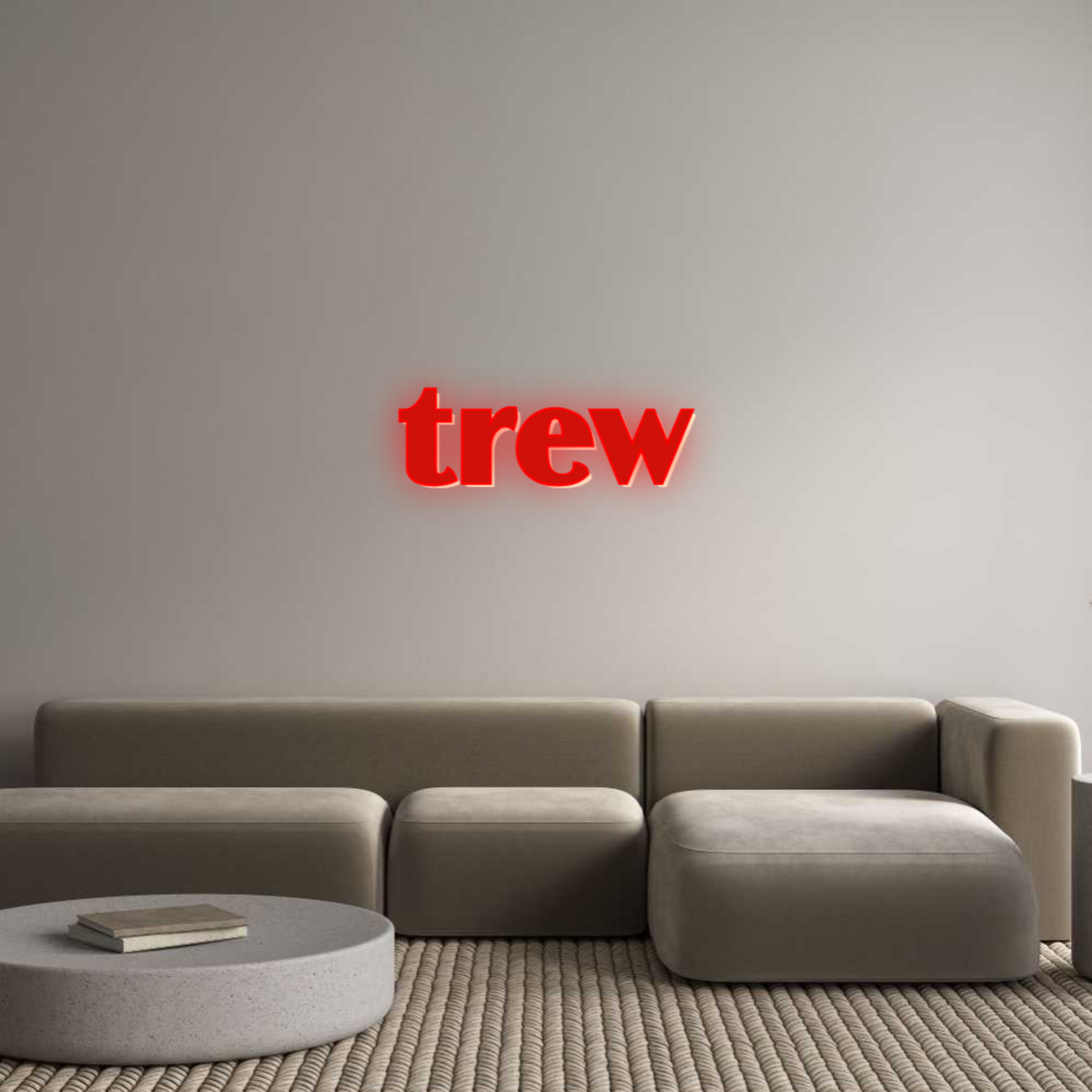 Modern living room featuring a gray sectional sofa and a red neon wall sign, showcasing custom LED décor for contemporary interiors.
