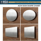 ACM metal sign shape chart showing round oval rectangular and square options with mounting methods including chain loops screw holes and no holes