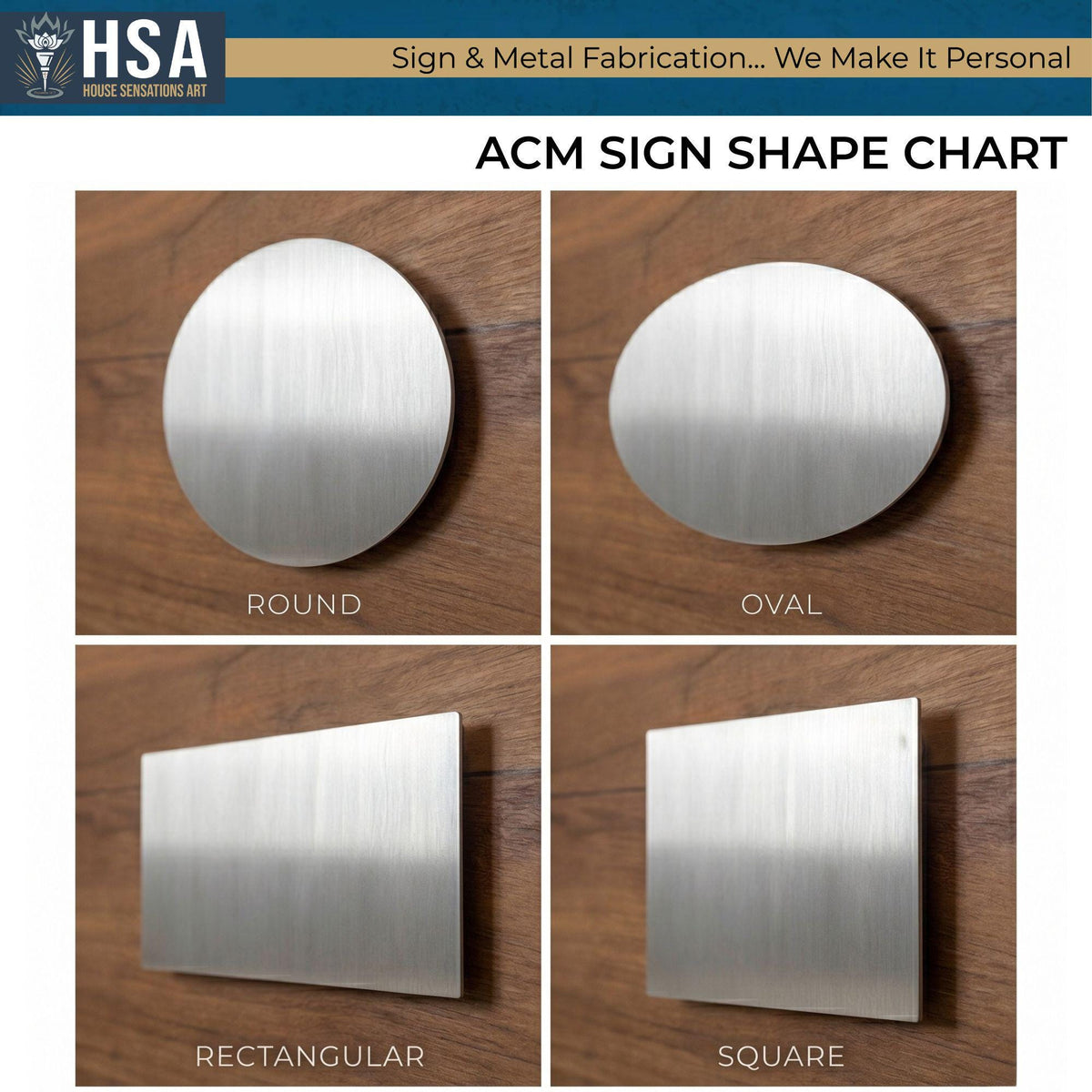 ACM metal sign shape chart showing round oval rectangular and square options with mounting methods including chain loops screw holes and no holes
