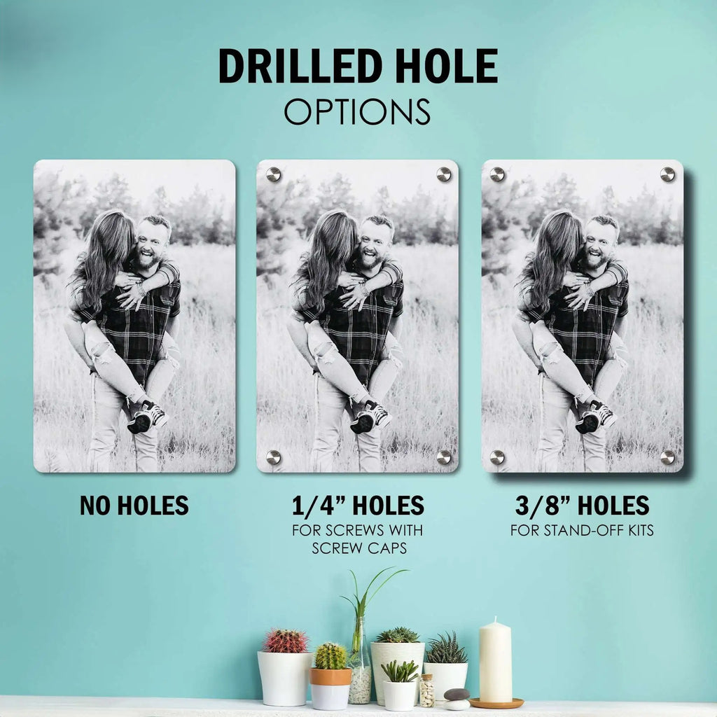 Acrylic photo print mounting options chart showing no holes, 1/4 inch drilled holes for screw caps, and 3/8 inch holes for stand off kits with sample photo displays on a teal background