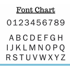 Font chart displaying alphabet letters and numbers for personalized metal address signs and custom house number plaque customization options