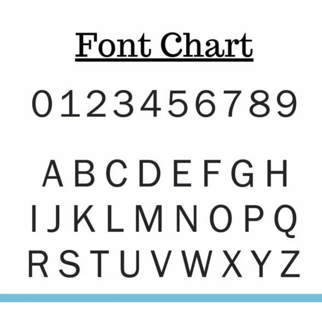 Font chart displaying alphabet letters and numbers for personalized metal address signs and custom house number plaque customization options