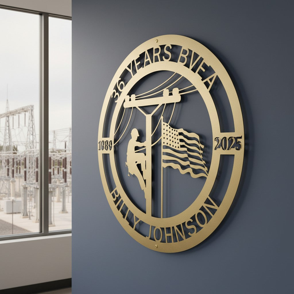 An elegant satin silver metallic circular sign featuring a detailed pine forest and mountain range cutout design with the name "THE MILLERS" on the upper rim. The plaque is installed on a modern taupe horizontal wood wall overlooking a sunlit deck space.