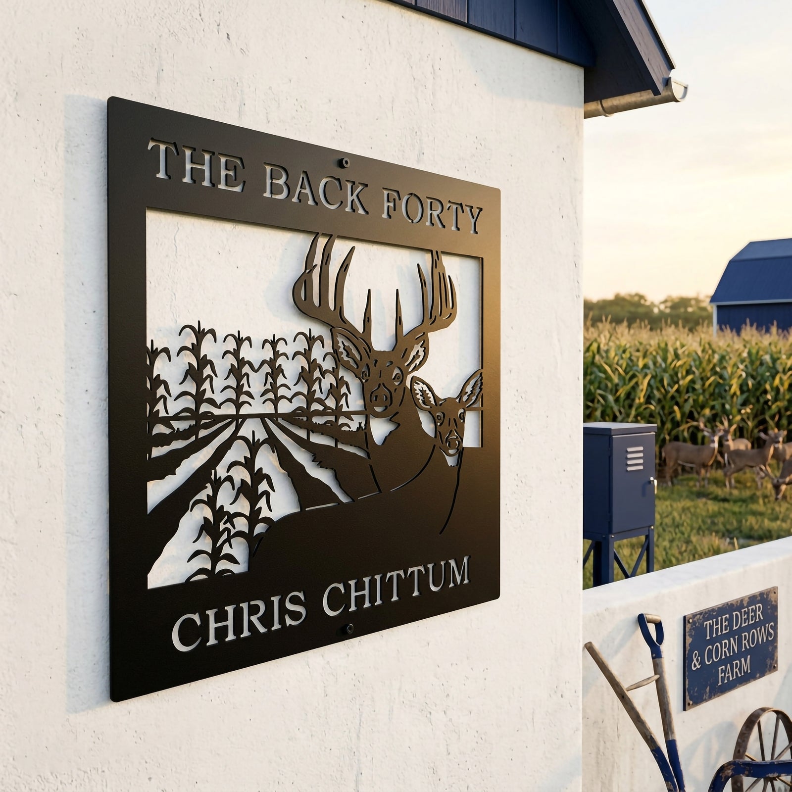 Satin black Back Forty deer metal sign with buck doe and crop field design displayed on outdoor farm wall