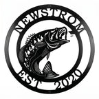 Black custom bass fish metal sign with Newstrom and Est 2020 cutout text on a white background