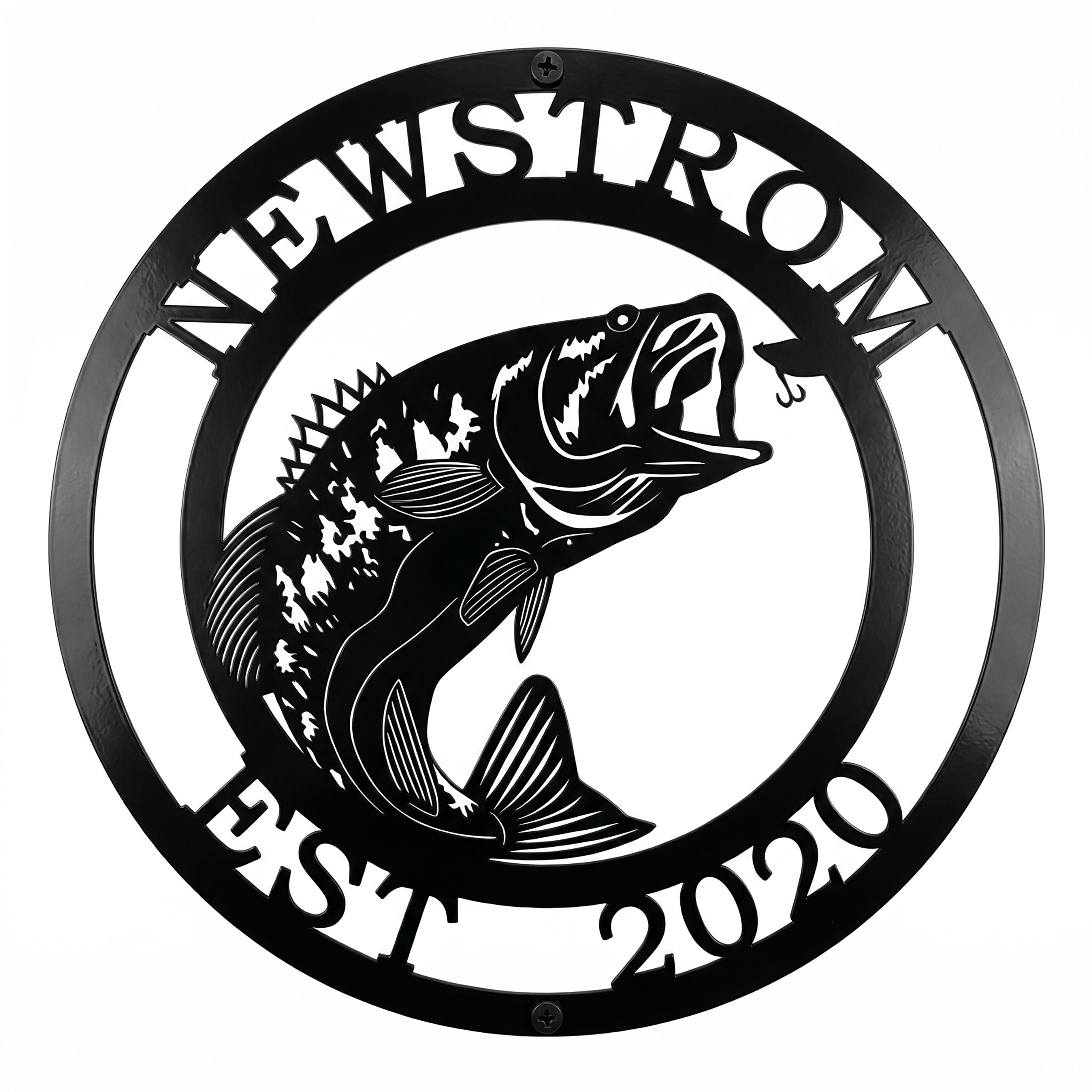 Black custom bass fish metal sign with Newstrom and Est 2020 cutout text on a white background