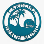 custom beach metal sign with family name featuring palm trees and ocean wave design for coastal home wall decor in turquoise finish