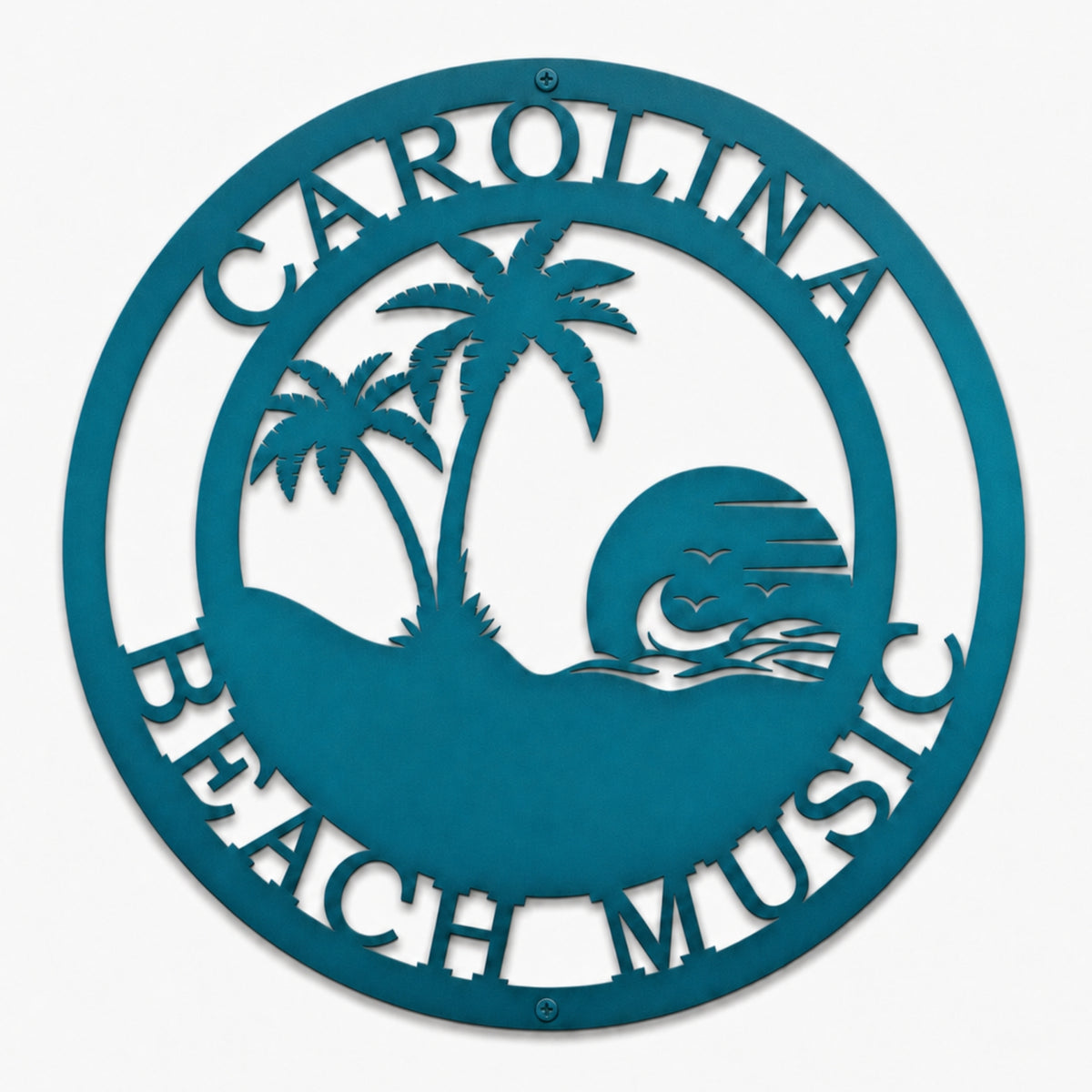 custom beach metal sign with family name featuring palm trees and ocean wave design for coastal home wall decor in turquoise finish