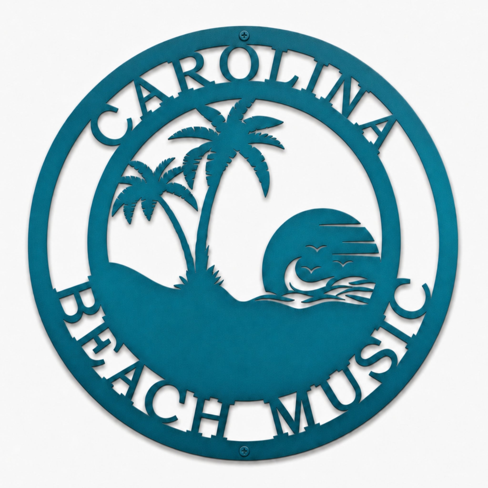 custom beach metal sign with family name featuring palm trees and ocean wave design for coastal home wall decor in turquoise finish