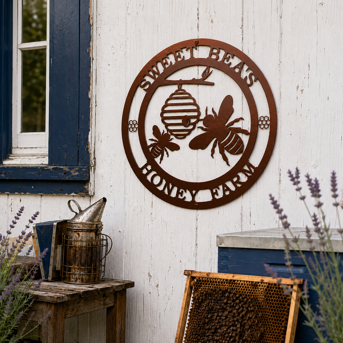 Copper honey bee farmhouse metal sign mounted on white exterior wall