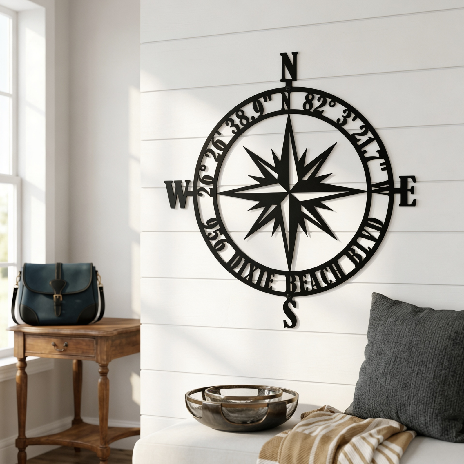 Text: Black personalized compass rose metal sign with custom coordinates and beach name mounted on white interior shiplap wall