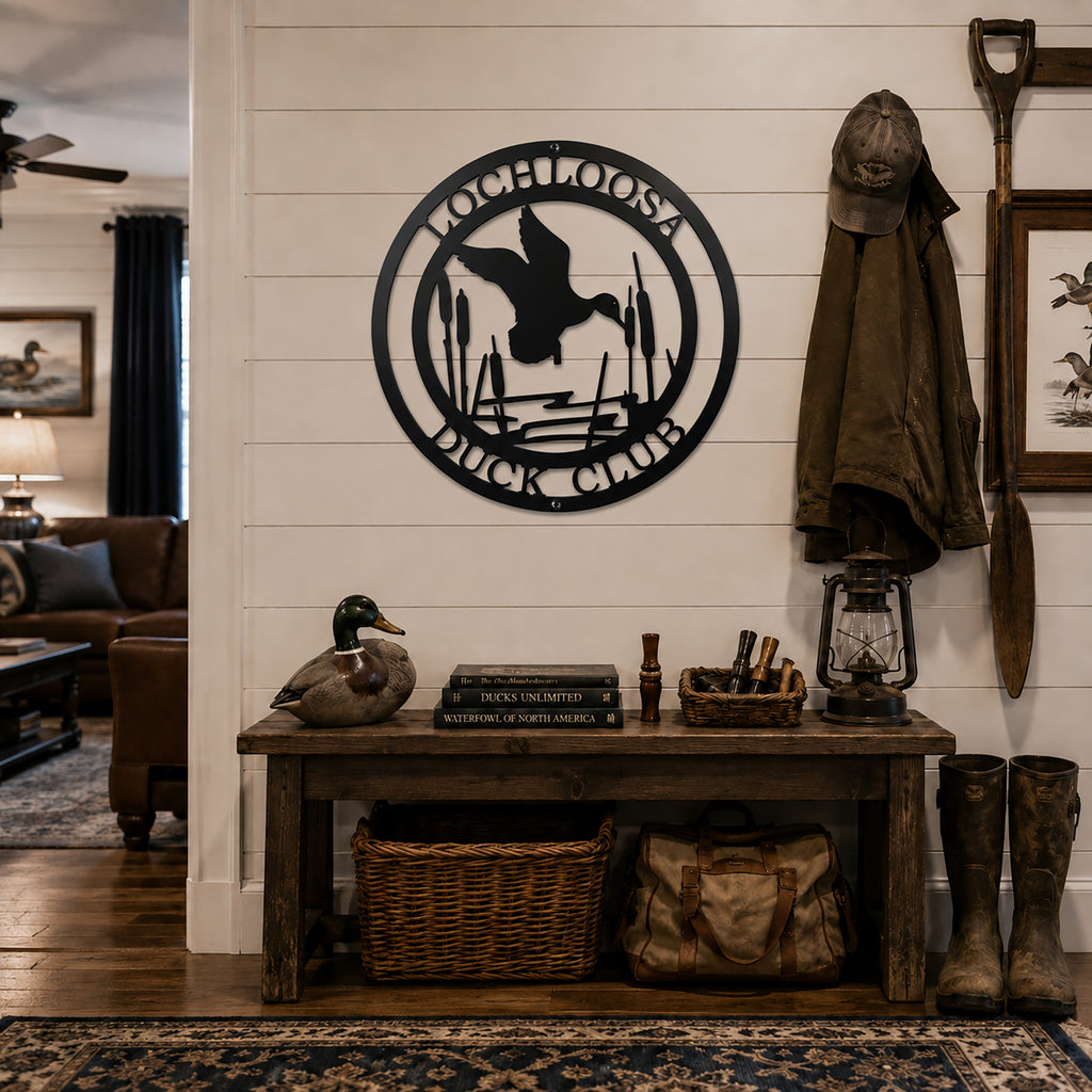 Black duck club metal wall sign with flying duck cattails and hunting lodge decor setting