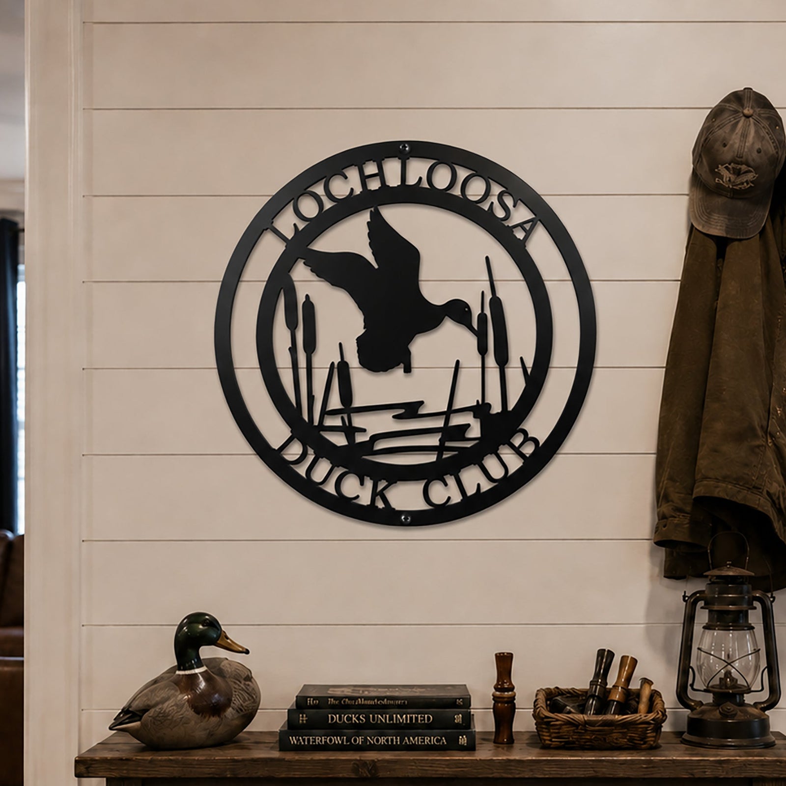 Black duck club metal wall sign with flying duck cattails and hunting lodge decor setting