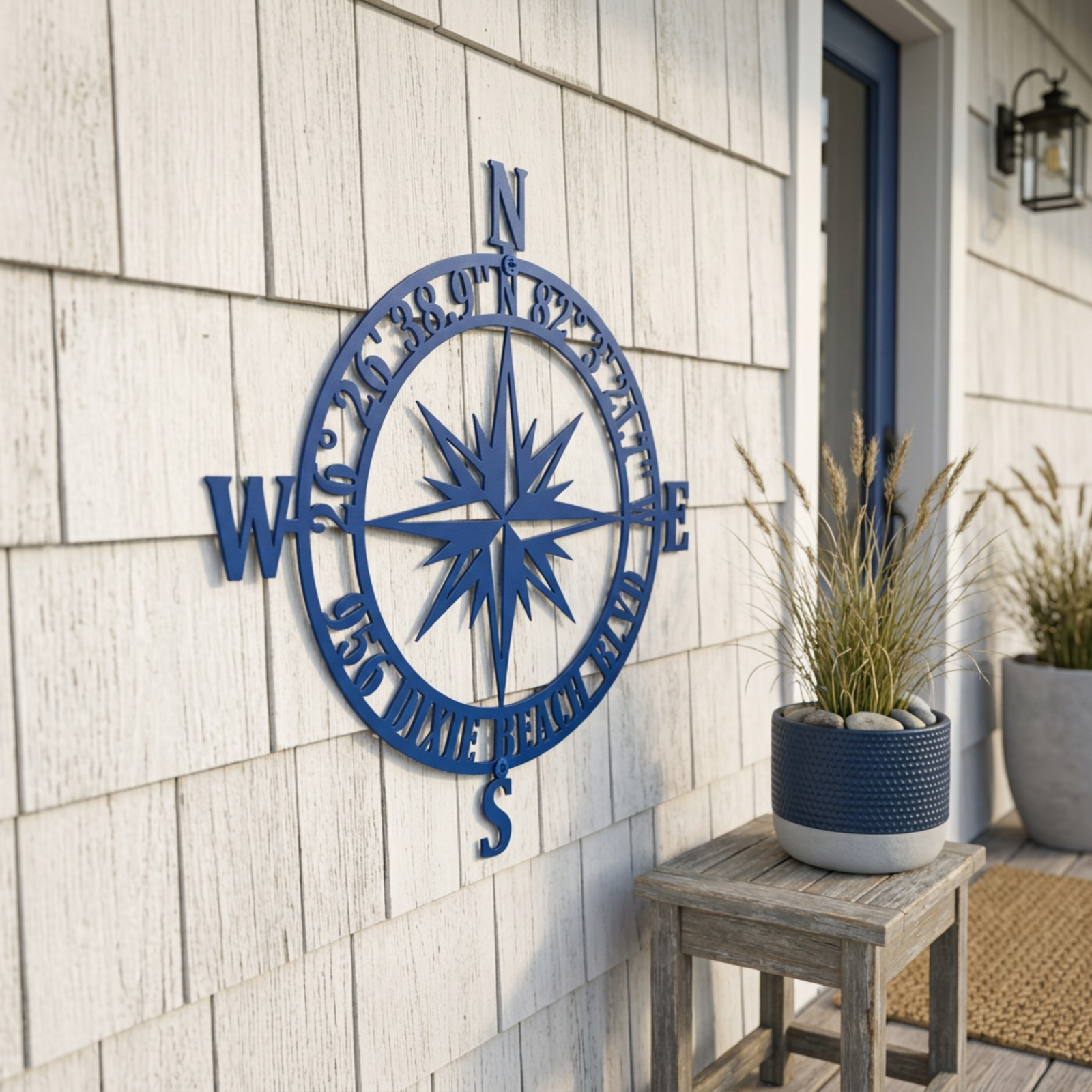 Blue personalized compass rose metal sign with custom coordinates and beach name mounted on a coastal porch wall