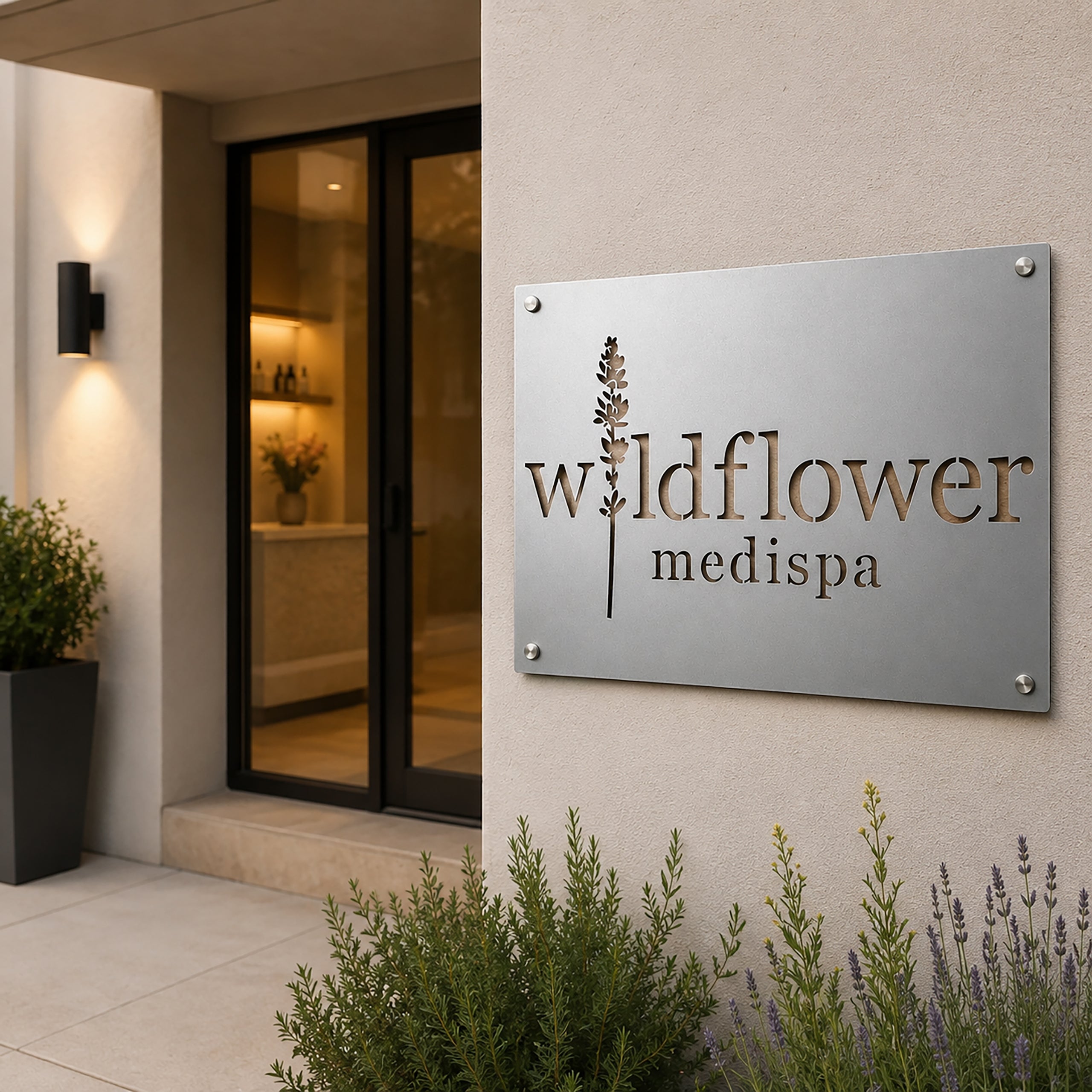 Custom brushed aluminum ACM business logo sign featuring Wildflower Medispa logo installed on an exterior stucco wall beside a contemporary commercial entrance.