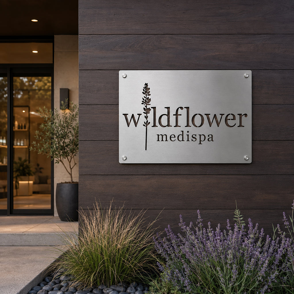 Custom brushed aluminum ACM business logo sign featuring Wildflower Medispa logo mounted on a modern exterior wood facade with landscaping and storefront entrance.