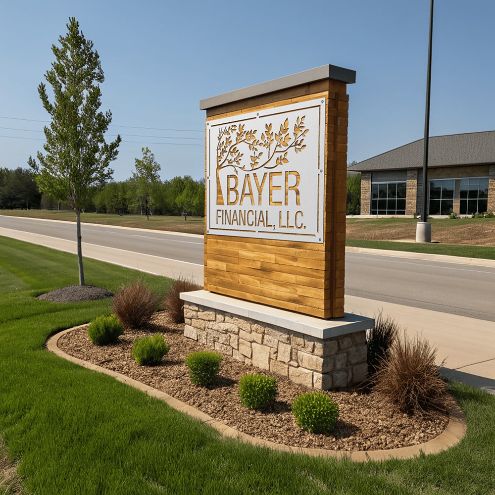 Modern outdoor business monument sign featuring custom company branding with wood frame stone base and landscaped commercial entrance display beside roadway