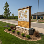 Modern outdoor business monument sign featuring custom company branding with wood frame stone base and landscaped commercial entrance display beside roadway