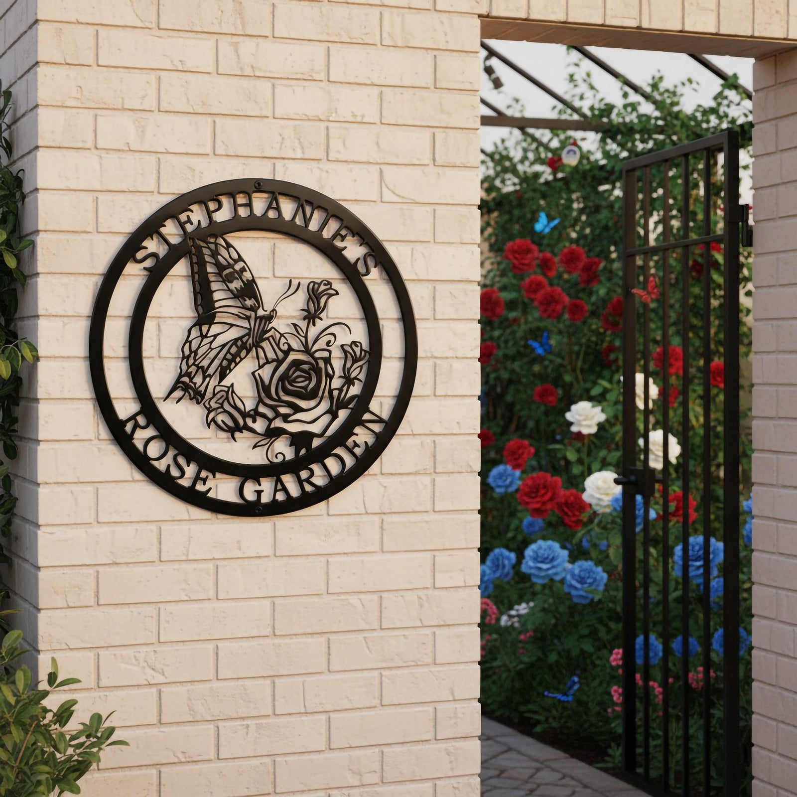 Satin black personalized botanical butterfly and rose metal sign with custom text Stephanie's Rose Garden mounted on a white wooden fence next to an open ornate metal garden gate.