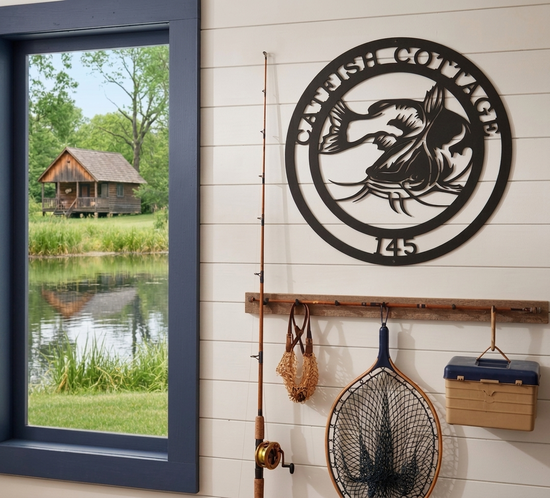 Matte black personalized catfish cabin metal sign with custom text Catfish Cottage 145 mounted on white shiplap next to a window overlooking a lake and cabin.