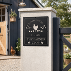 Black personalized chicken coop metal sign mounted on a light stone gate post near farmhouse chickens and garden flowers