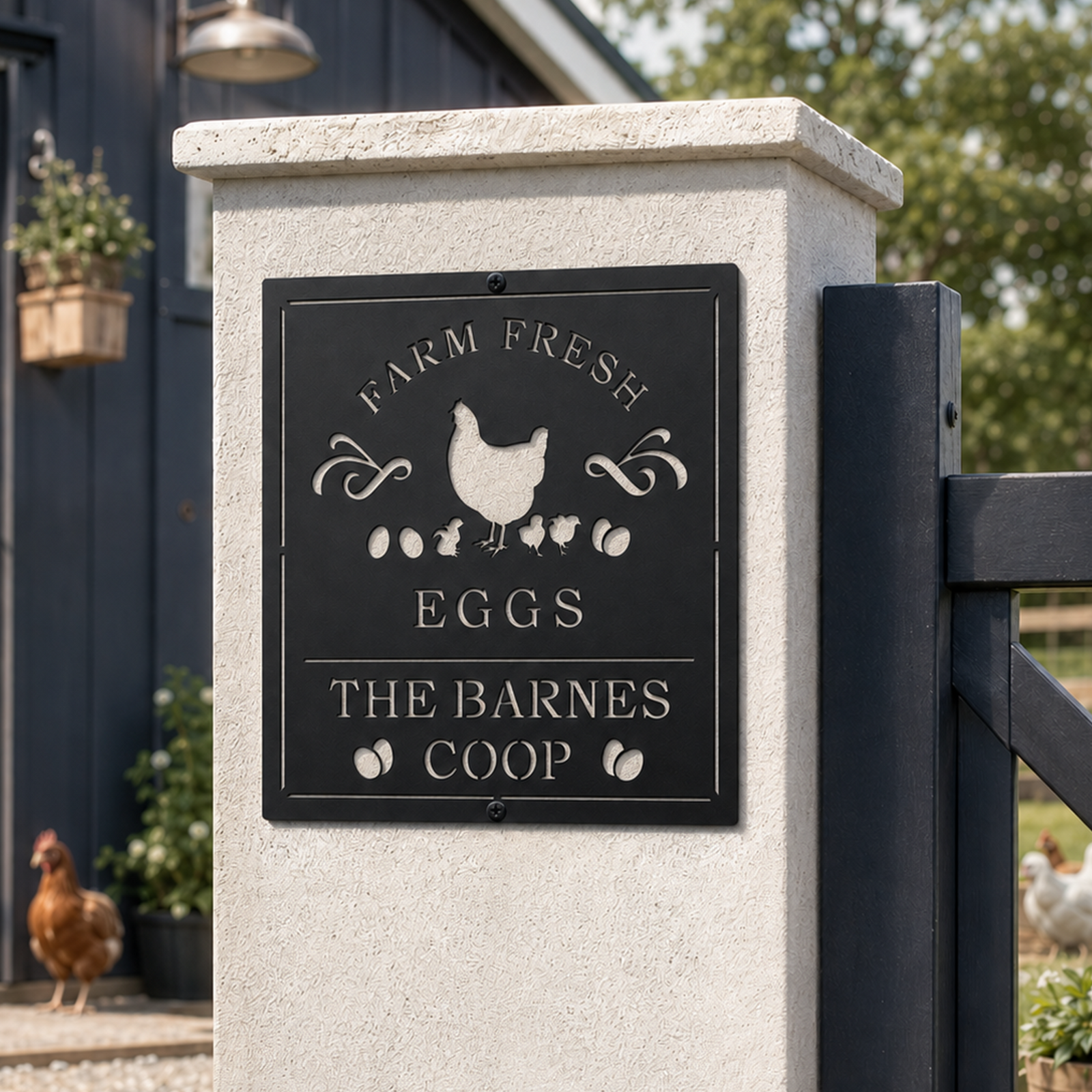 Black personalized chicken coop metal sign mounted on a light stone gate post near farmhouse chickens and garden flowers