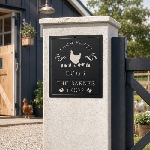 Black personalized chicken coop metal sign mounted on a light stone gate post near farmhouse chickens and garden flowers