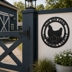 Black personalized chicken farm metal sign mounted on outdoor gate wall with barn background