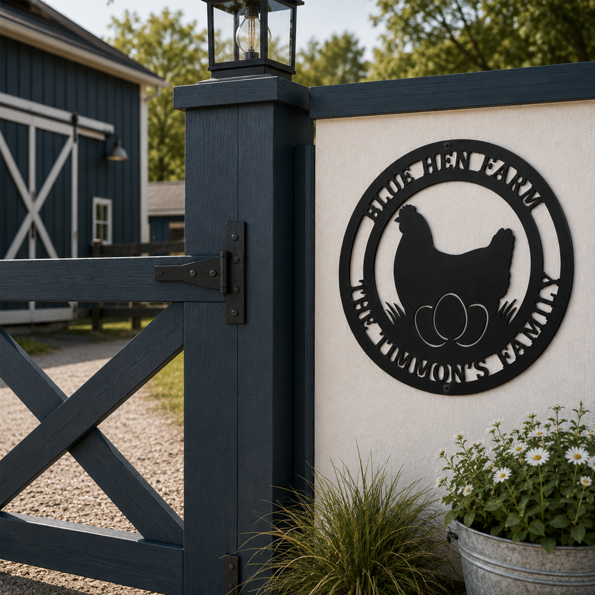 Black personalized chicken farm metal sign mounted on outdoor gate wall with barn background