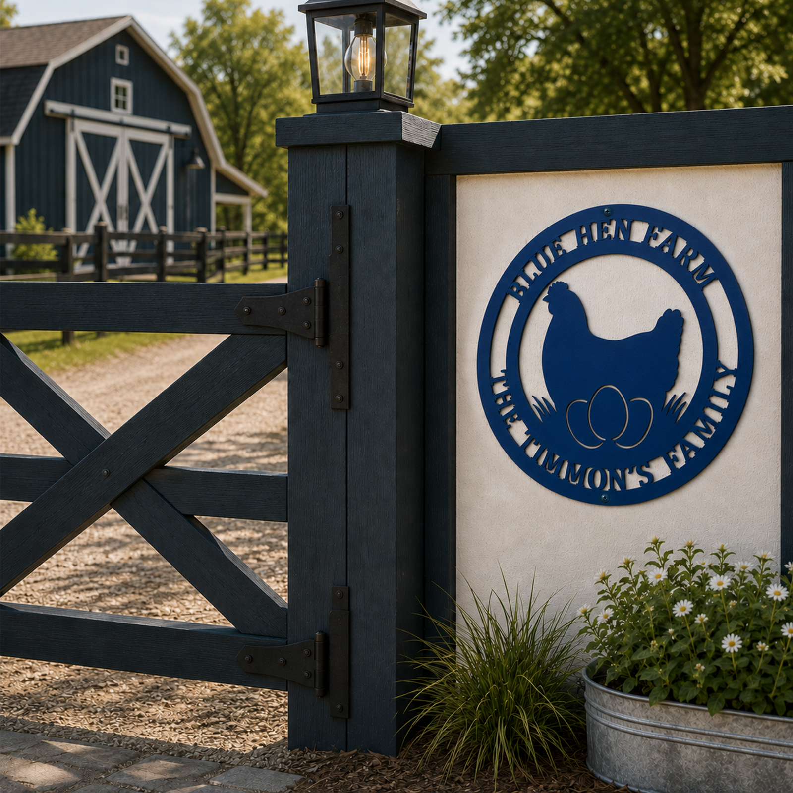 Blue personalized chicken farm metal sign displayed on outdoor farm gate with barn and flowers