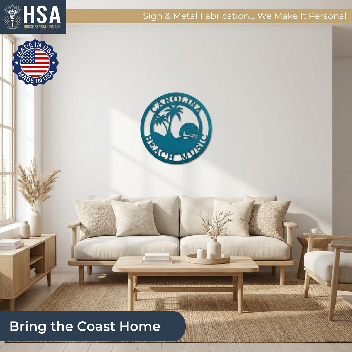 custom coastal metal wall sign with family name mounted above sofa adding a clean and modern beach themed decor to living room space