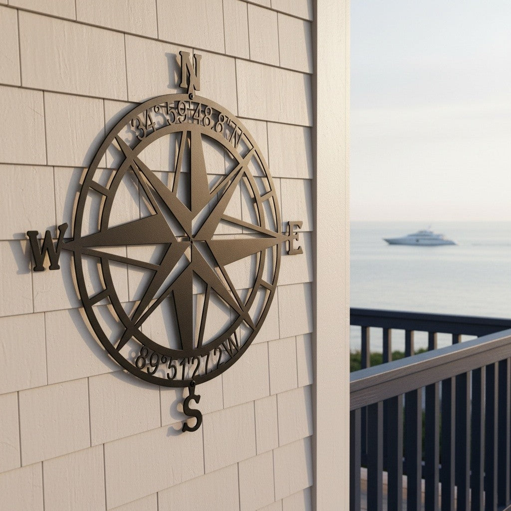 Custom compass rose metal sign — personalized coastal home wall decor in bronze powder-coated steel mounted on exterior siding overlooking the ocean.