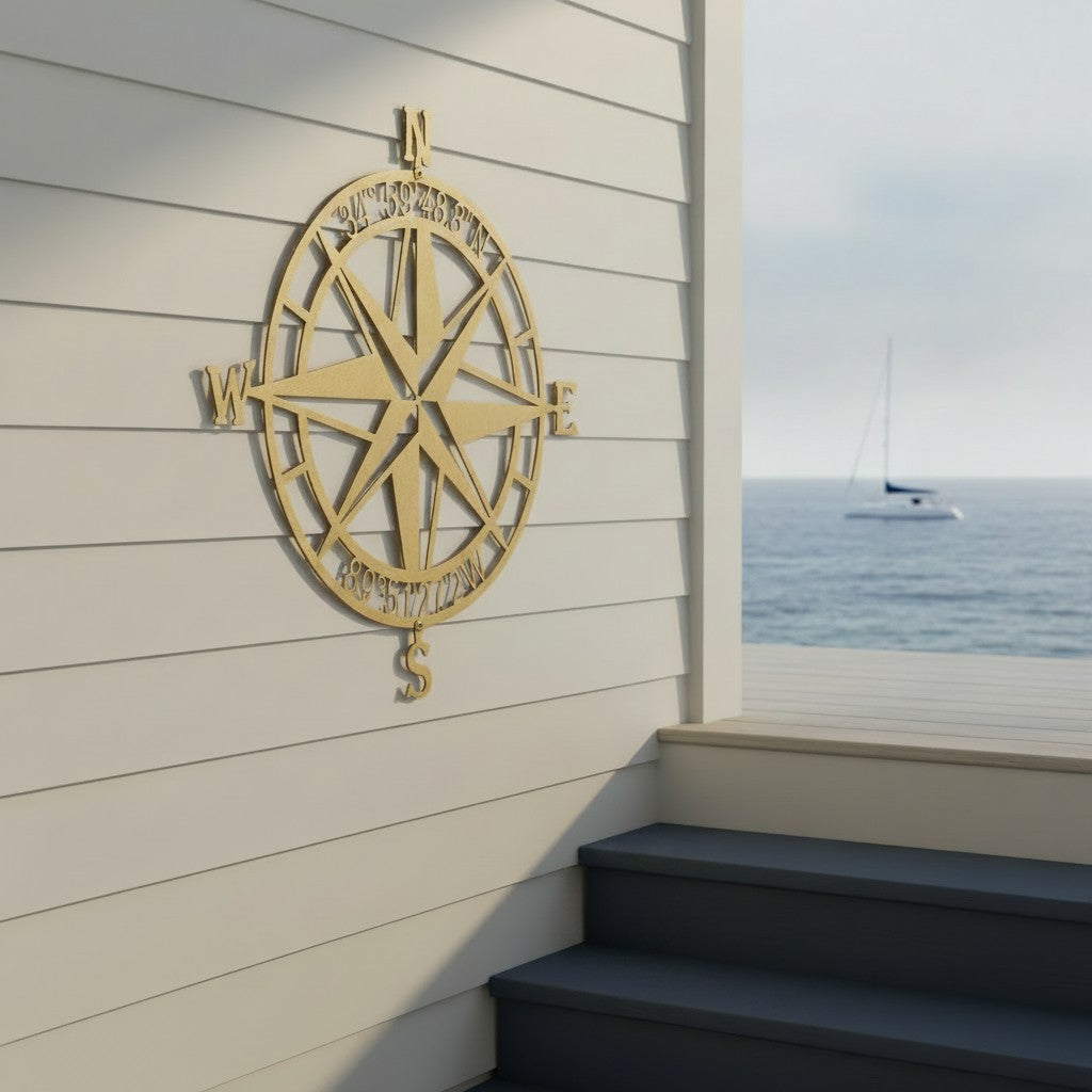 Custom compass rose metal sign — personalized nautical coordinates wall art in metallic gold displayed on a coastal porch with ocean views and sailboat scenery.