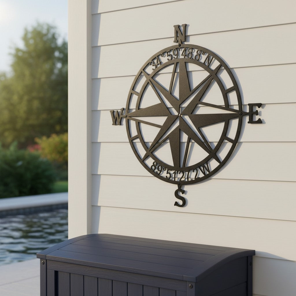 Custom compass rose metal sign — personalized nautical outdoor wall sign featuring custom coordinates displayed on a seaside patio wall.