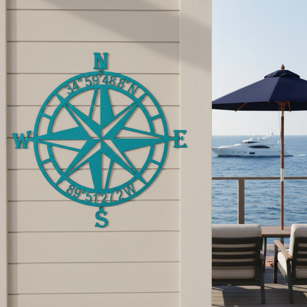 Custom compass rose metal sign — personalized turquoise beach house decor featuring custom GPS coordinates displayed on a waterfront patio.