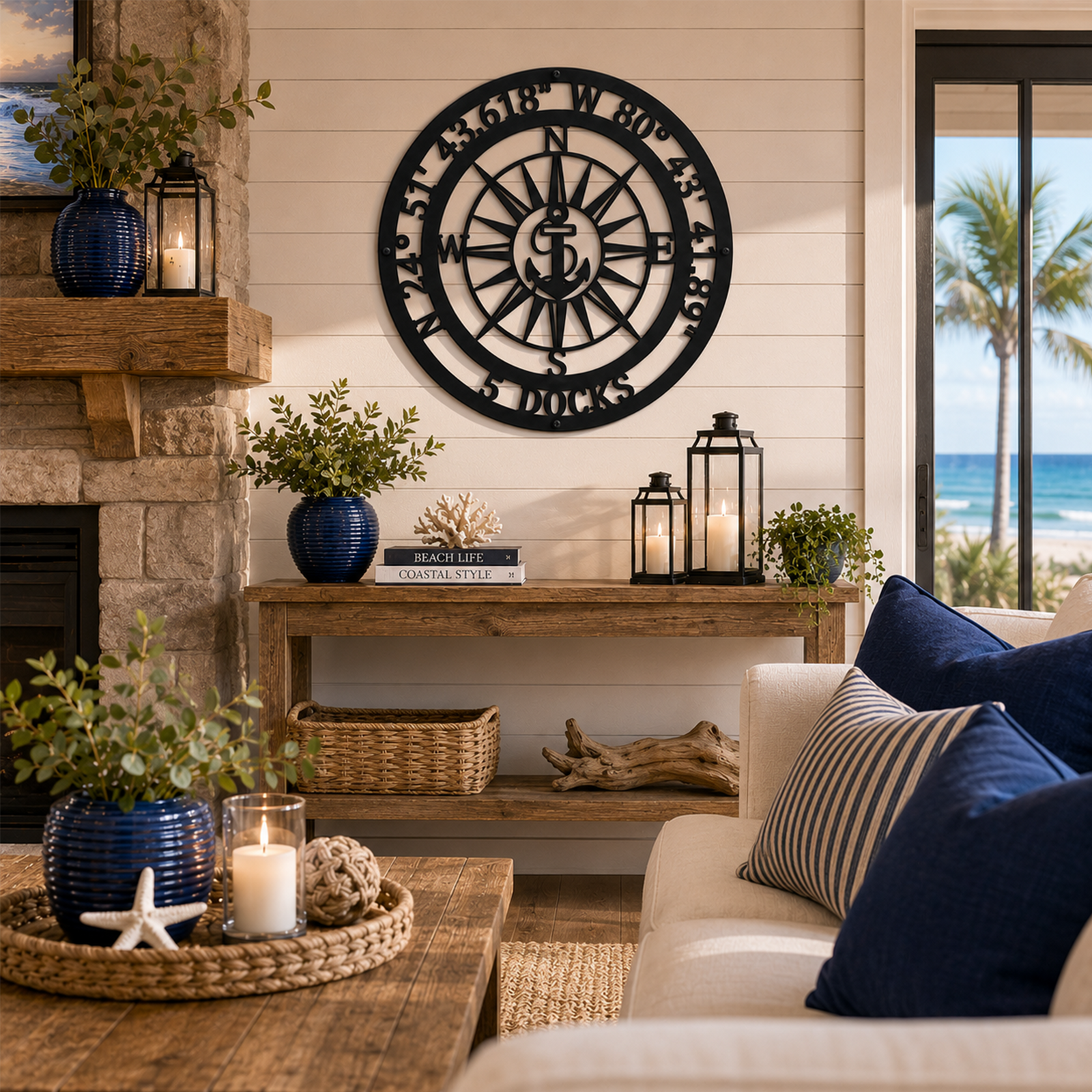 Matte black personalized compass rose metal wall sign featuring custom GPS coordinates, an anchor center, and '5 DOCKS' text, mounted over a dark blue credenza in a coastal living room.