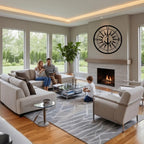 Bright living room with white shiplap walls and a black nautical compass wall art centerpiece.