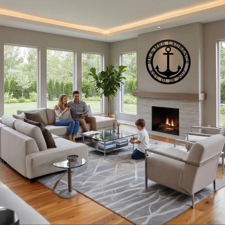 Family room with a black personalized anchor metal sign displayed prominently over a fireplace.