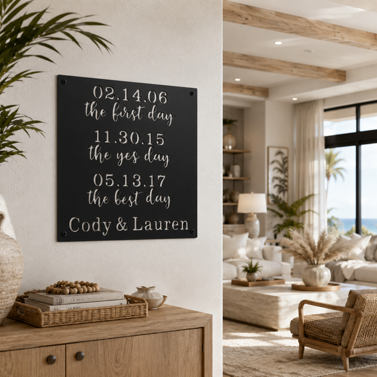 Custom couples timeline metal sign — personalized anniversary date wall decor featuring important relationship milestones displayed in a modern farmhouse living room.