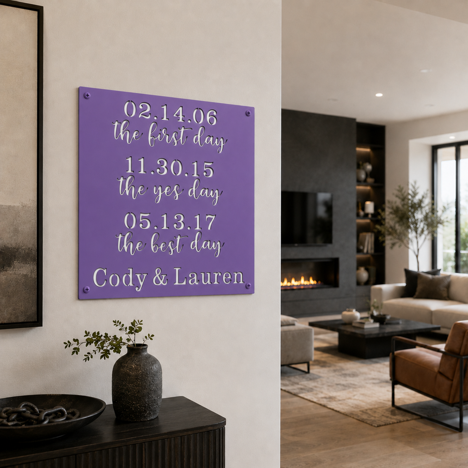 Custom couples timeline metal sign — personalized lilac wedding anniversary wall art displaying meaningful relationship dates in a modern living room.