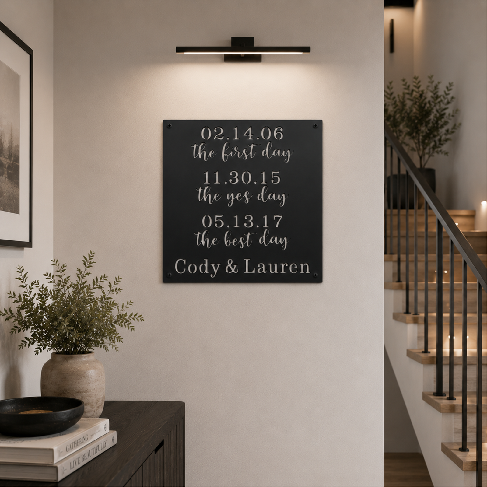 Custom couples timeline metal sign — personalized relationship milestone wall decor featuring custom dates and names mounted in a modern farmhouse