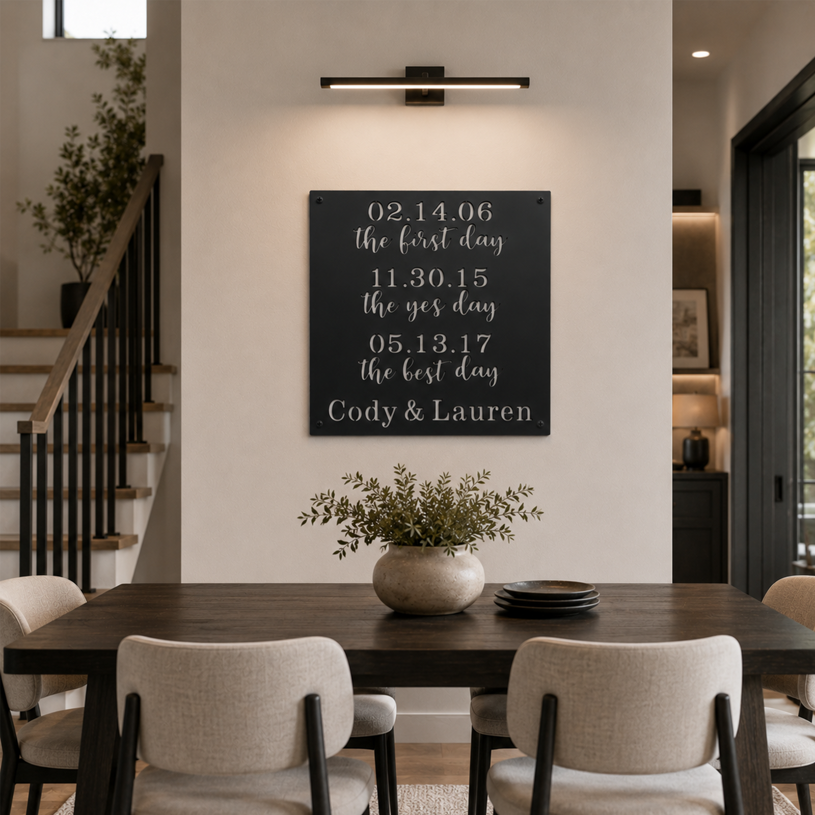 Custom couples timeline metal sign — personalized wedding date wall art showcasing first date, engagement, and wedding milestones in a modern dining room.
