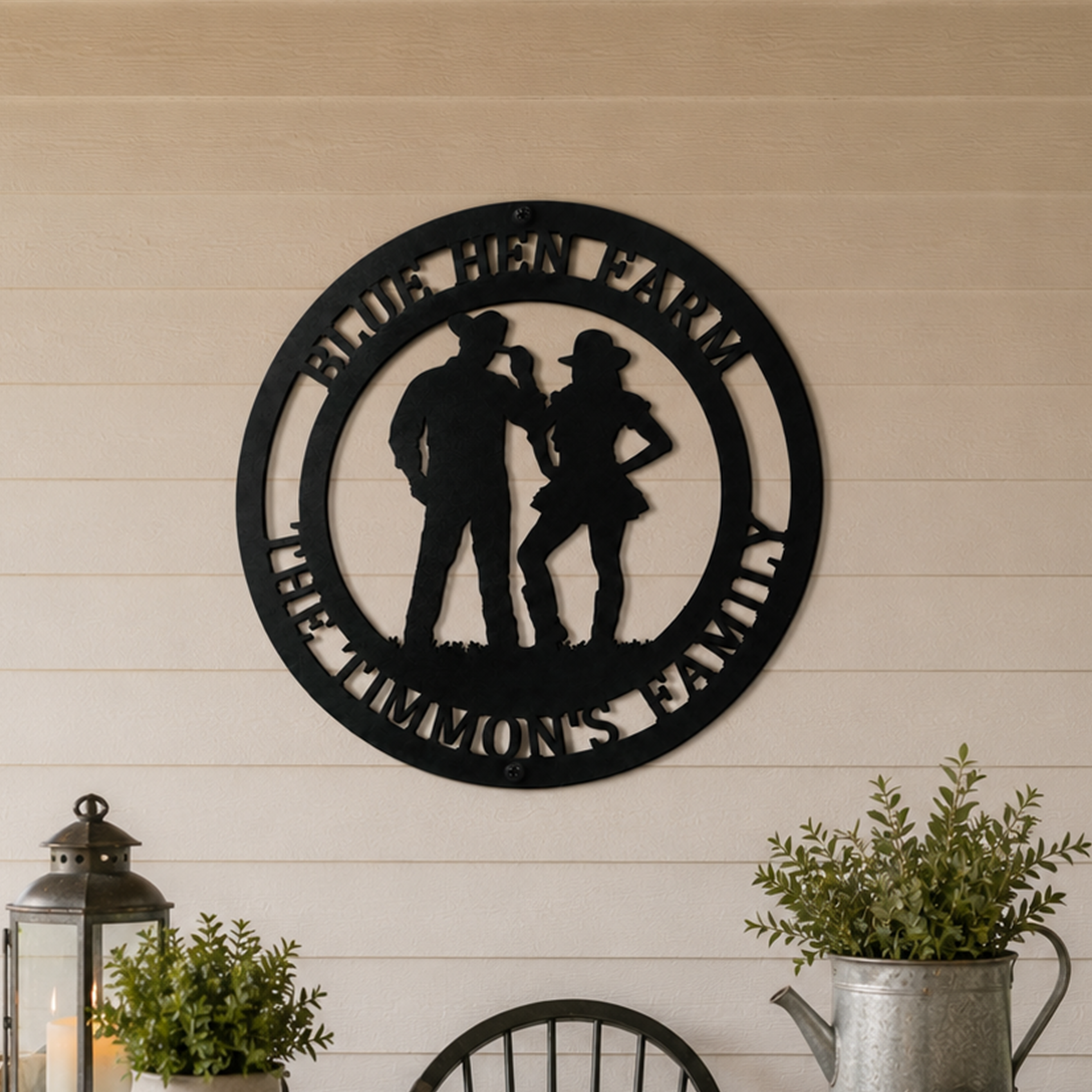 Custom cowboy cowgirl metal sign — personalized ranch family home decor mounted on a white shiplap wall with farmhouse plants and lantern accents.
