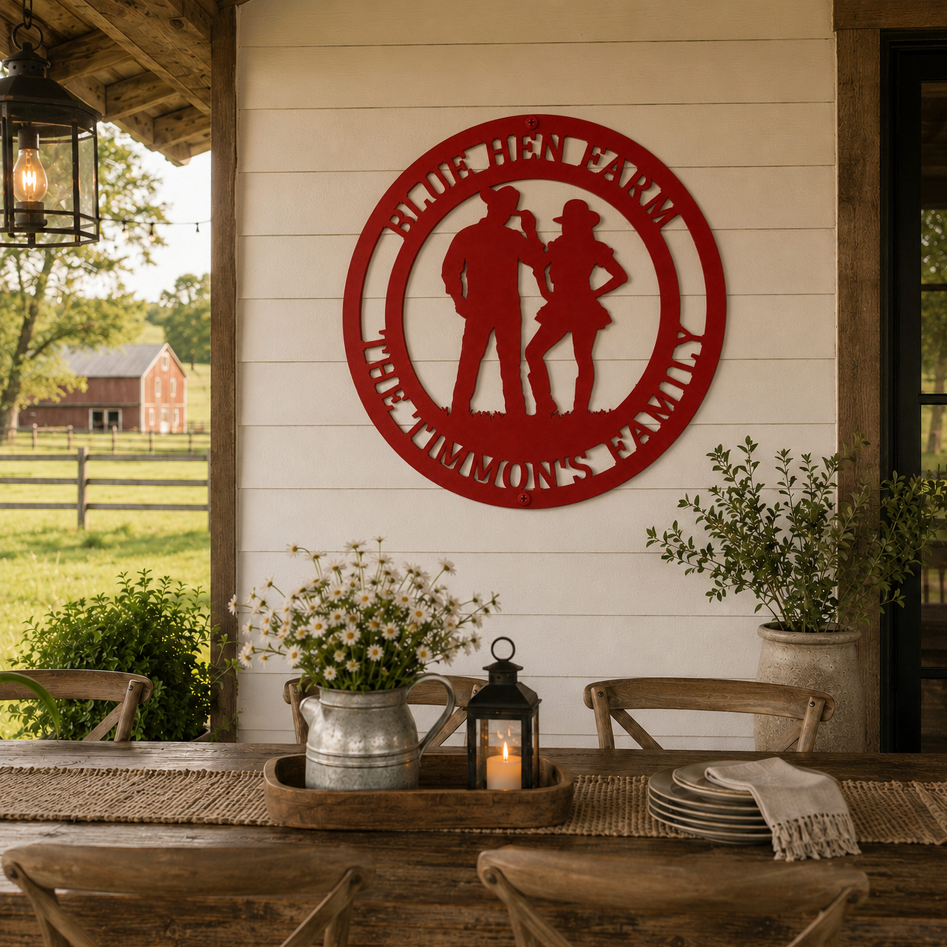 Custom cowboy cowgirl metal sign — personalized ruby red ranch family wall decor displayed on a rustic farmhouse porch with warm country styling.