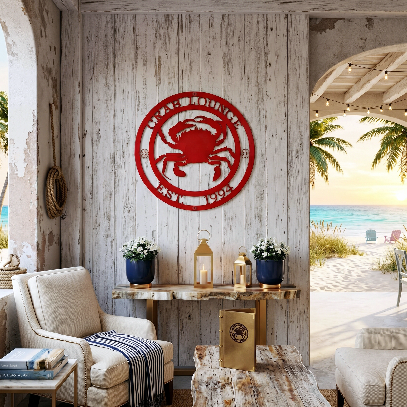 Red crab lounge metal wall sign displayed in coastal beach house entryway