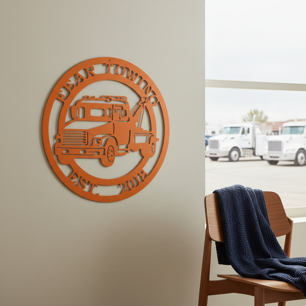 Matte off-white personalized round metal tow truck plaque displayed on a gray interior wall directly above a window ledge decorated with a stack of black coffee mugs and a miniature toy truck.