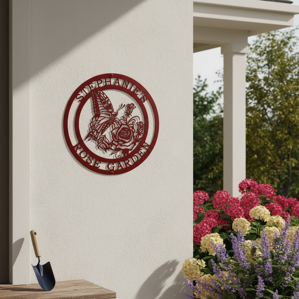 Rich desert crimson finish of the personalized butterfly and rose metal art sign mounted on an outdoor white stucco column above a wooden bench with a small garden shovel and blooming hydrangeas.