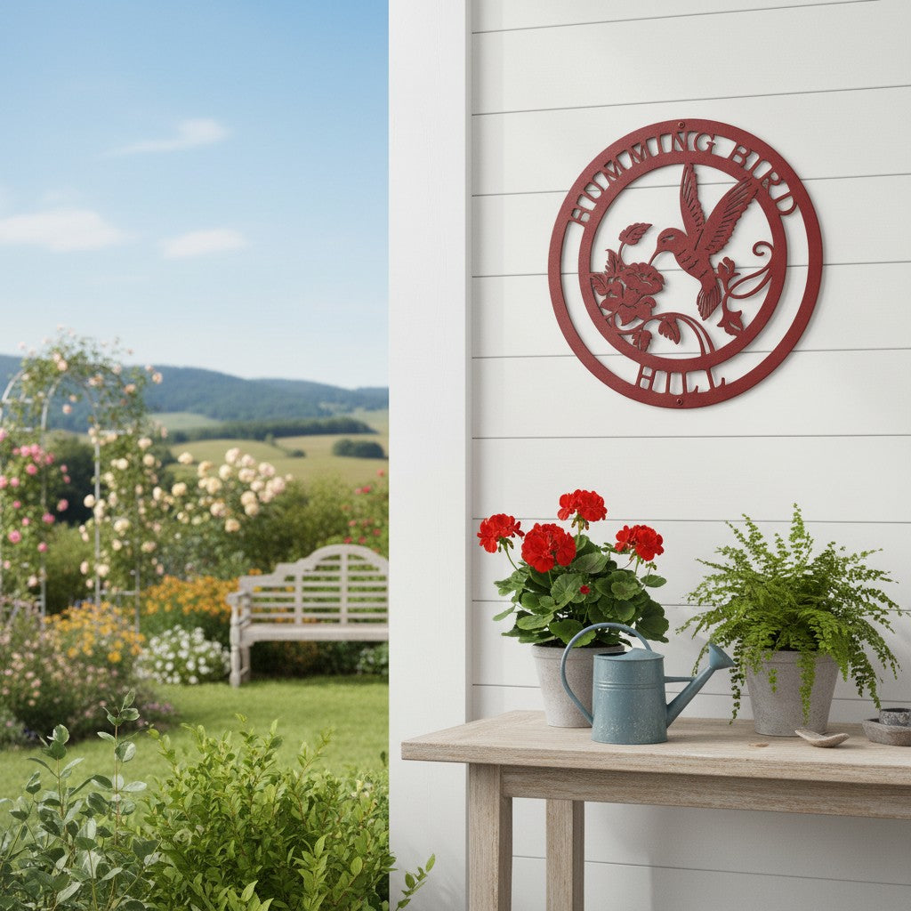 Rich desert crimson finish of the personalized hummingbird metal art sign mounted on an outdoor white siding wall above a wooden workbench with potted red flowers and a green fern plant.